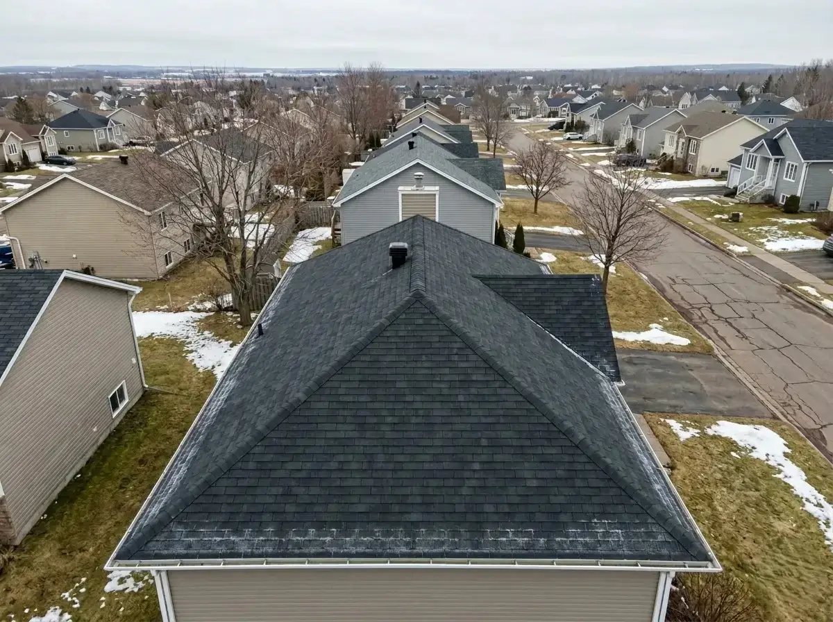 Commercial drone roof inspection over Moncton NB home — 40-point checklist