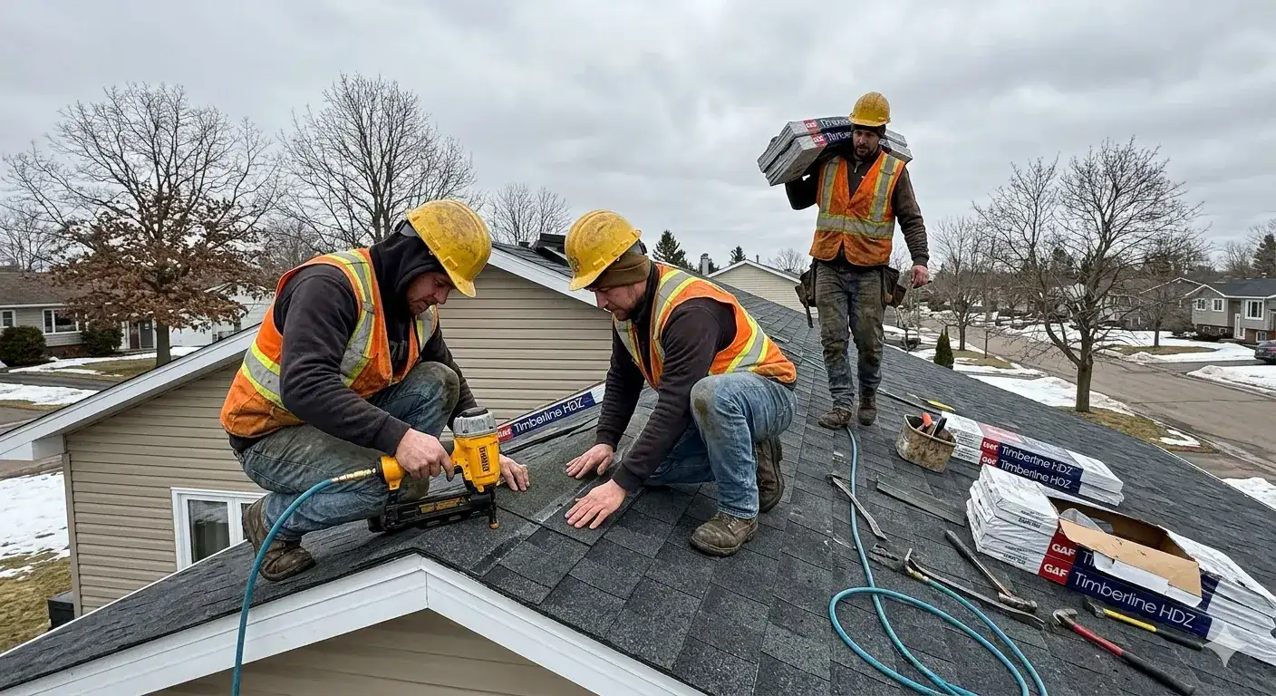 GAF Master Elite roofing crew installing asphalt shingles in Moncton NB