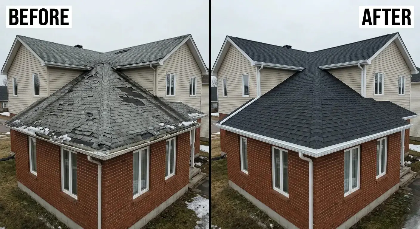 Before and after asphalt shingle roof replacement Moncton NB — winter storm damage repaired