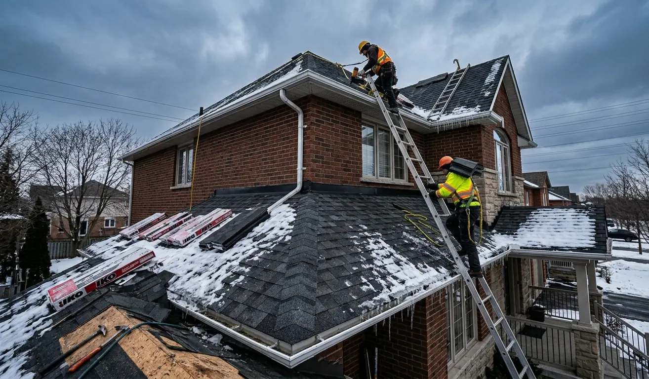 Professional roofers replacing shingles on a Moncton NB home in winter